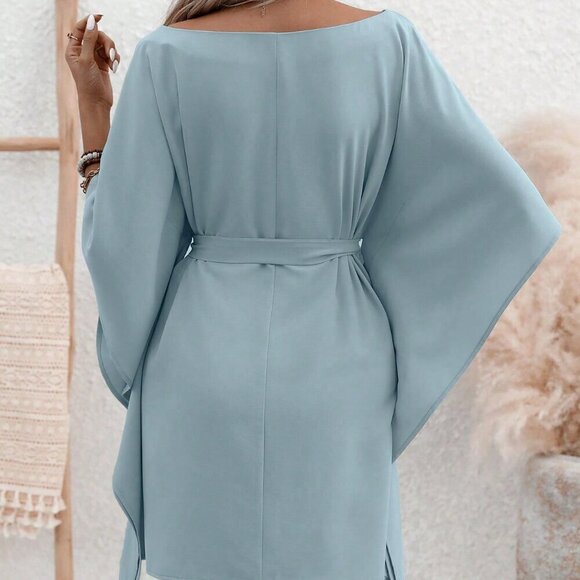 Baby Blue Casual Women's Solid Color Belted Bell Sleeve Dress - Picture 2 of 6
